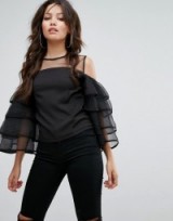 PrettyLittleThing Organza Frill Sleeve Blouse With Mesh | black cold shoulder blouses
