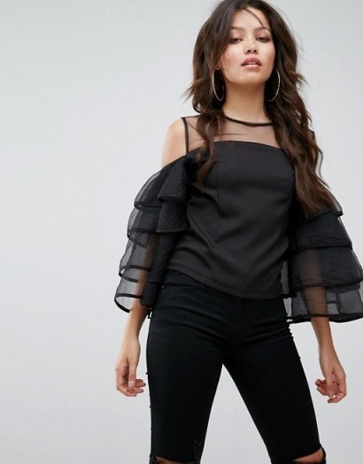 PrettyLittleThing Organza Frill Sleeve Blouse With Mesh | black cold shoulder blouses - flipped