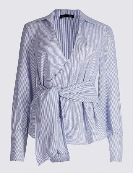 M&S COLLECTION Pure Cotton Striped Wrap Poplin Blouse / Marks and Spencer blouses - flipped