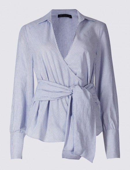 M&S COLLECTION Pure Cotton Striped Wrap Poplin Blouse / Marks and Spencer blouses