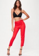 missguided red cropped skinny belt trousers