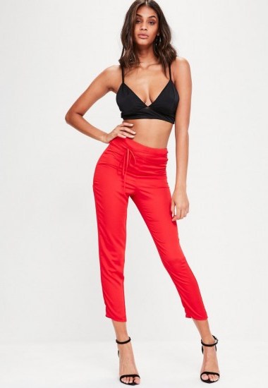 missguided red cropped skinny belt trousers - flipped