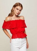 Miss Selfridge Red Lace Bardot Top – off the shoulder tops