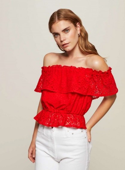 Miss Selfridge Red Lace Bardot Top – off the shoulder tops - flipped