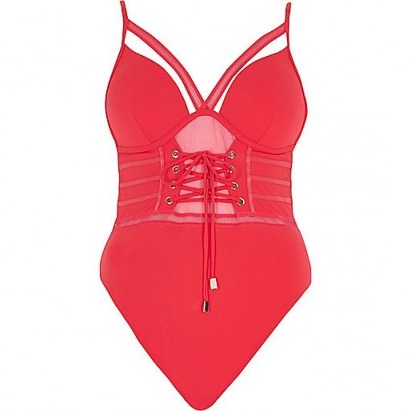 River Island Red mesh corset front plunge swimsuit – cut out swimsuits – swimwear - flipped