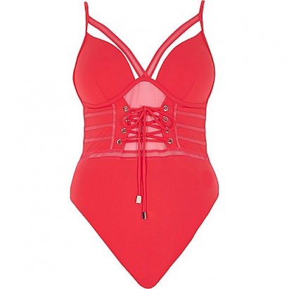 River Island Red mesh corset front plunge swimsuit – cut out swimsuits – swimwear