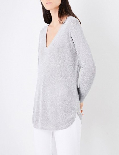 REISS Bless metallic jumper | silver V-neck jumpers | knitwear - flipped