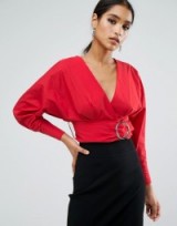 River Island Crop Top With D Ring Detail | plunge front red tops