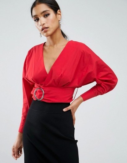 River Island Crop Top With D Ring Detail | plunge front red tops - flipped