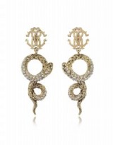 ROBERTO CAVALLI Golden Brass Snake Earrings w/Crystals