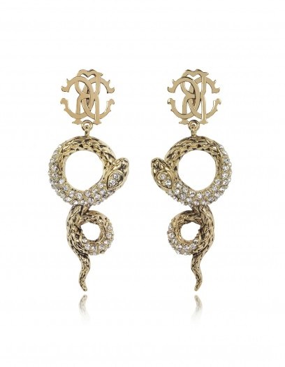ROBERTO CAVALLI Golden Brass Snake Earrings w/Crystals - flipped