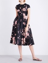 ROCHAS Rose-print satin dress ~ black floral printed fit and flare dresses