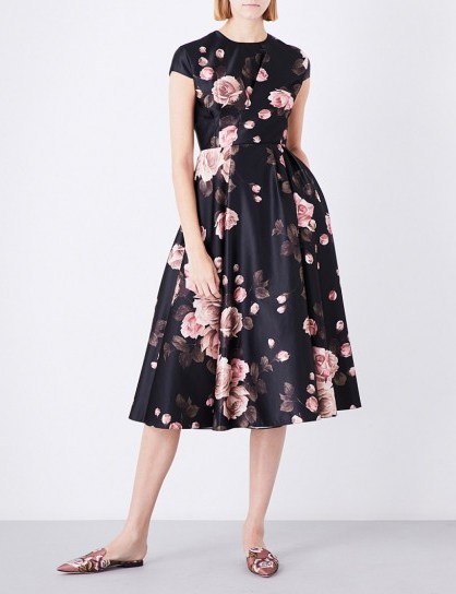 ROCHAS Rose-print satin dress ~ black floral printed fit and flare dresses - flipped