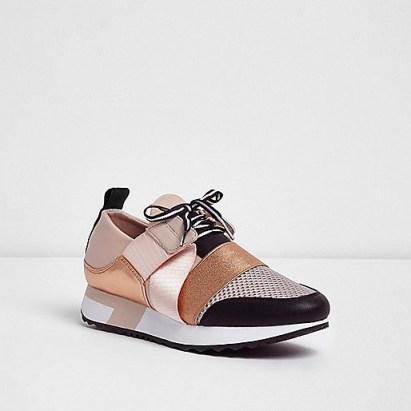 River Island Rose gold metallic lace-up runner trainers | sports luxe shoes | pink sneakers - flipped