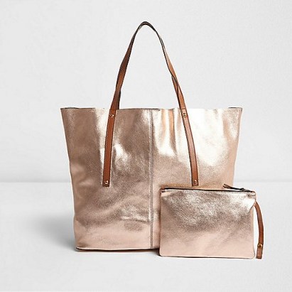 River Island Rose gold metallic leather tote bag – luxe beach bags – summer accessories - flipped