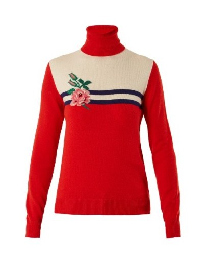 GUCCI Rose-intarsia wool-blend knit sweater | red polo neck sweaters | knitwear - flipped