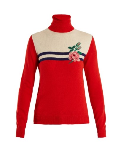 GUCCI Rose-intarsia wool-blend knit sweater | red polo neck sweaters | knitwear