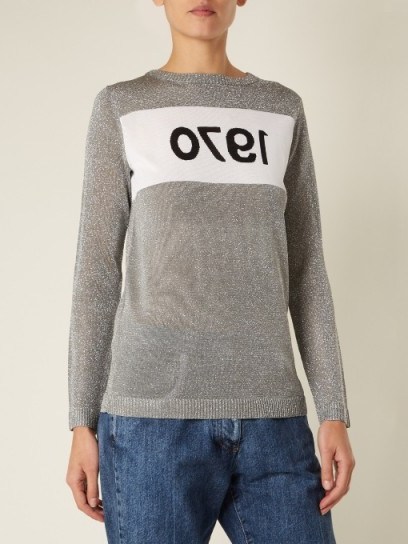 BELLA FREUD 1970 round-neck intarsia-knit sweater ~ silver metallic sweaters ~ round neck jumpers ~ casual luxe knitwear - flipped