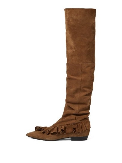 J.W.ANDERSON Ruffled suede slouched over-the-knee boots | flat brown ruffle boots - flipped