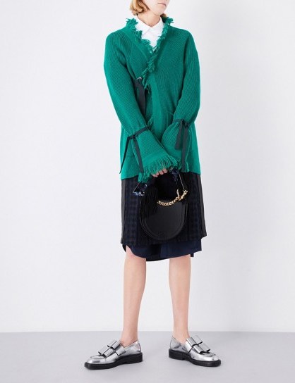 SACAI Fringed wool cardigan | green cardigans | contemporary knitwear - flipped