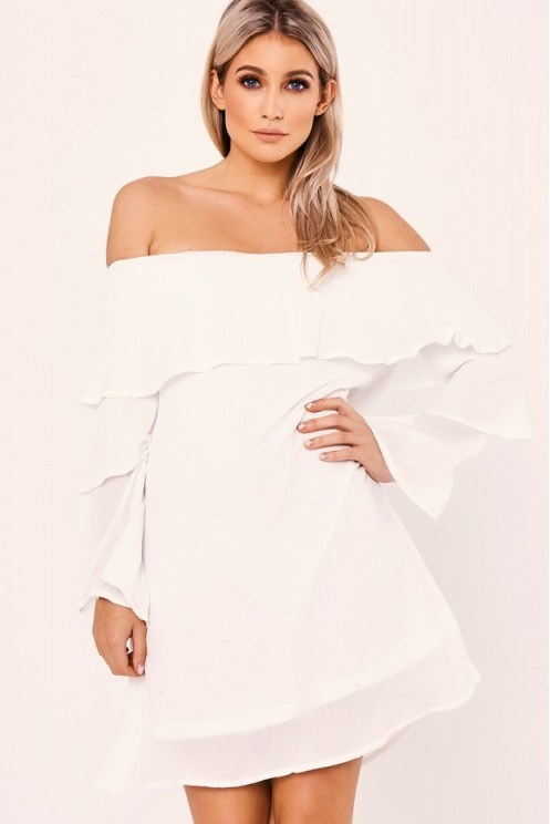 In The Style SANNI WHITE BARDOT FRILL SLEEVE DRESS – off the shoulder dresses - flipped