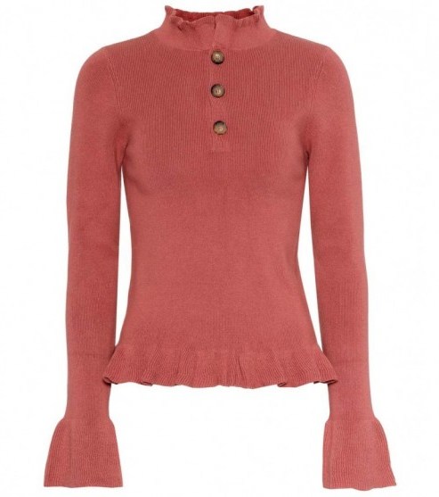 SEE BY CHLOÉ Cotton blend ruffle trimmed sweater | rose-pink high neck sweaters | knitwear - flipped