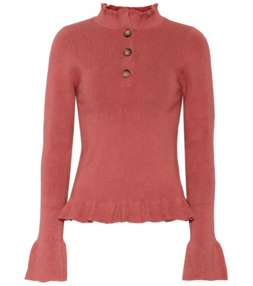 SEE BY CHLOÉ Cotton blend ruffle trimmed sweater | rose-pink high neck sweaters | knitwear