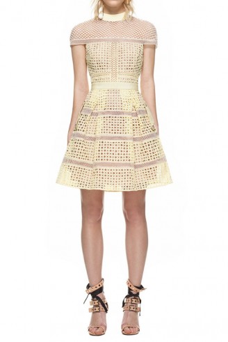 $289.00 Self Portrait Crosshatch Panelled Mini Dress Yellow