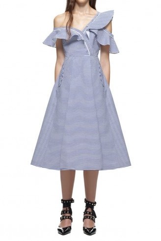 $339.00 Self Portrait Striped One-Shoulder Shirting Frill Dress - flipped