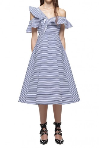 $339.00 Self Portrait Striped One-Shoulder Shirting Frill Dress