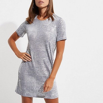 River Island Silver metallic foil T-shirt dress – casual glamour - flipped