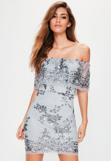 MISSGUIDED silver sequin bardot dress