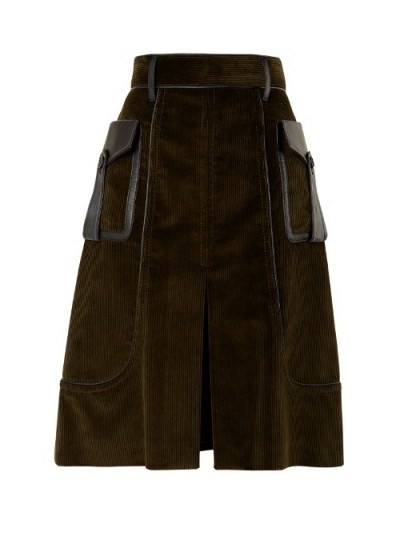 PRADA Slit-front leather-trimmed cotton-corduroy skirt ~ stylish A-line skirts - flipped