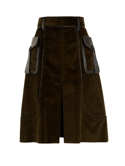 PRADA Slit-front leather-trimmed cotton-corduroy skirt ~ stylish A-line skirts
