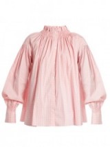 TEIJA Smocked-neck cotton-gingham shirt ~ pink ruffled shirts
