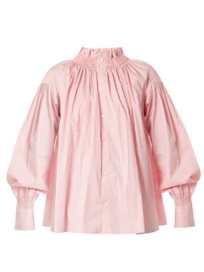 TEIJA Smocked-neck cotton-gingham shirt ~ pink ruffled shirts - flipped