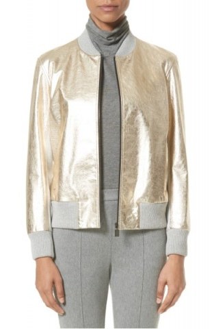 ST. JOHN COLLECTION Metallic Leather & Knit Bomber Jacket ~ luxe gold jackets - flipped