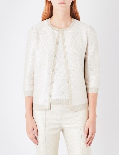 ST JOHN Jewel-detail metallic-knit cardigan | luxe cardigans | knitwear twin sets - flipped