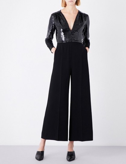 STELLA MCCARTNEY Rosie sequin and silk jumpsuit | black embellished wide leg jumpsuits - flipped