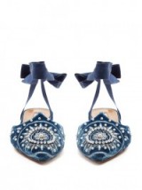 AQUAZZURA Stellar embroidered velvet backless flats ~ luxe blue flat shoes