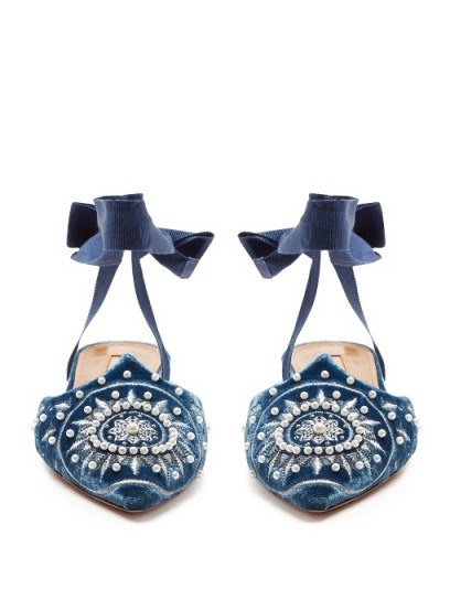 AQUAZZURA Stellar embroidered velvet backless flats ~ luxe blue flat shoes - flipped
