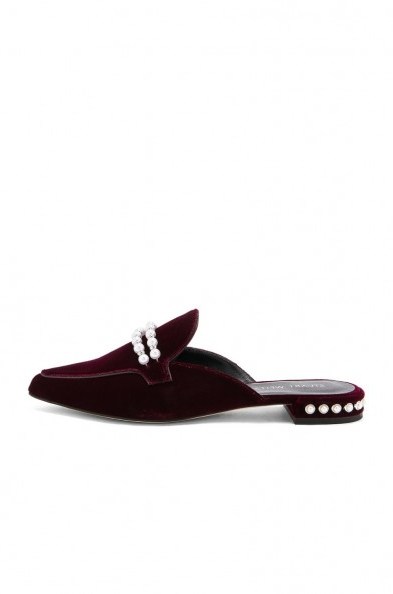 Stuart Weitzman GUAMULE FLAT | bordeaux-red pearl embellished flats | luxe velvet slip on shoes - flipped