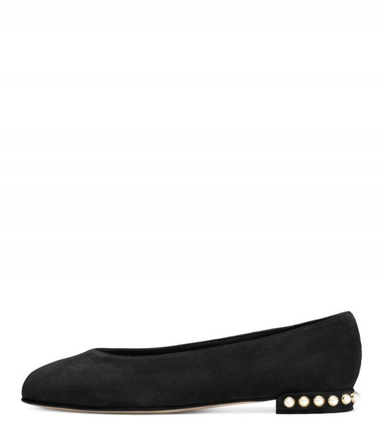 Stuart Weitzman CHICPEARL | black suede pearl embellished flats | chic flat shoes - flipped