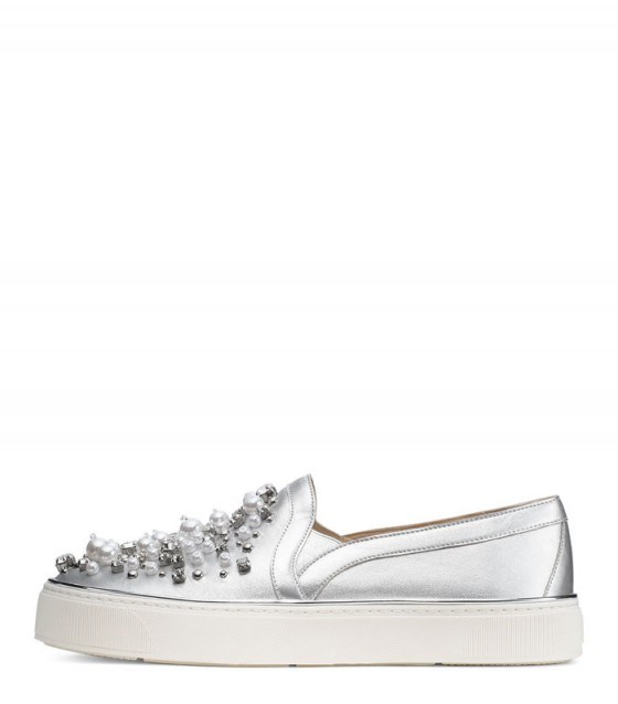 Stuart Weitzman DECOR | silver nappa leather sneakers | sports luxe | embellished flat shoes - flipped