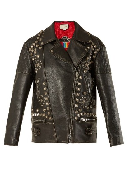 GUCCI Stud-embellished distressed leather jacket ~ casual luxe biker jackets - flipped