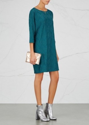 M MISSONI Teal metallic zigzag-knit dress ~ fine knit dresses - flipped