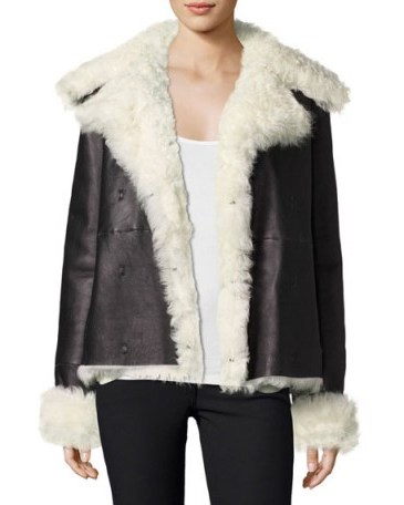 Theory Curly Toscana Shearling Fur Leather Pea Coat | stylish winter coats - flipped
