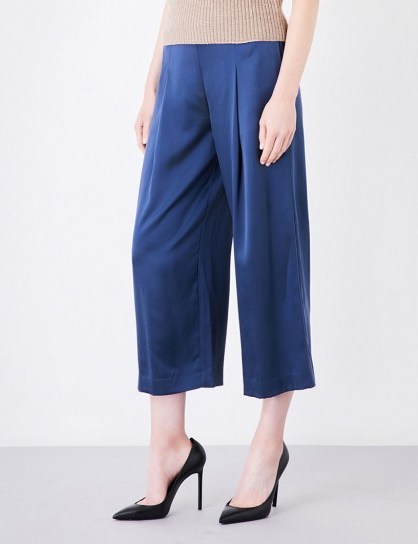 THEORY Zavabell wide-leg silk-satin trousers | blue silky crop leg pants - flipped