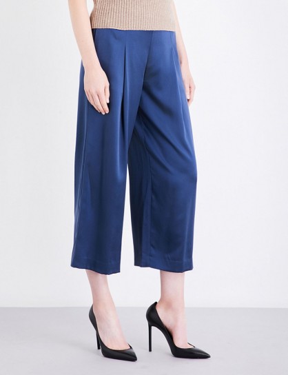 THEORY Zavabell wide-leg silk-satin trousers | blue silky crop leg pants