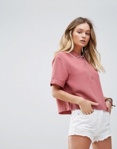Tommy Hilfiger Denim Cropped Polo T-shirt with Zip ~ pink tops - flipped